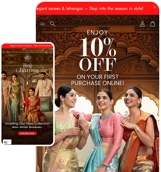 Group of women in traditional silk sarees used in Kalyan Silks mobile e-commerce ad.