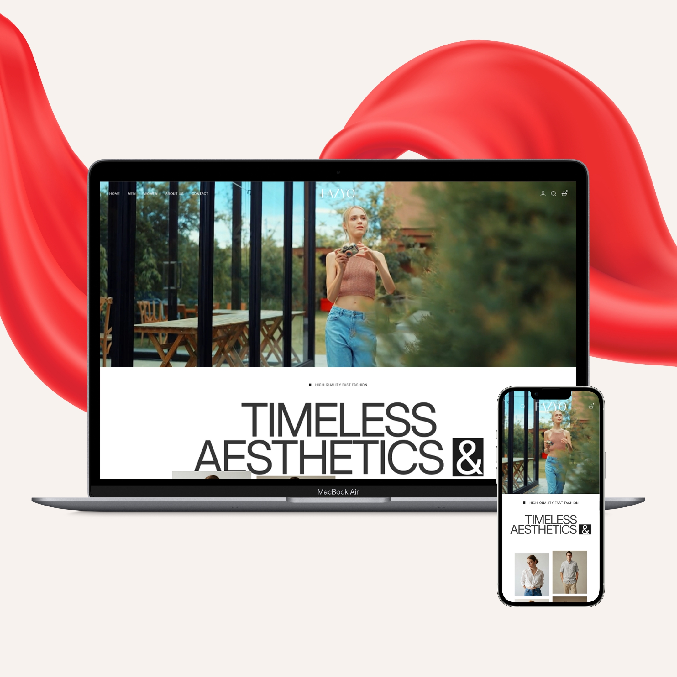 Responsive e-commerce design with the text 'TIMELESS AESTHETICS' shown across a MacBook Air and a mobile phone, set against a red flowing backdrop.