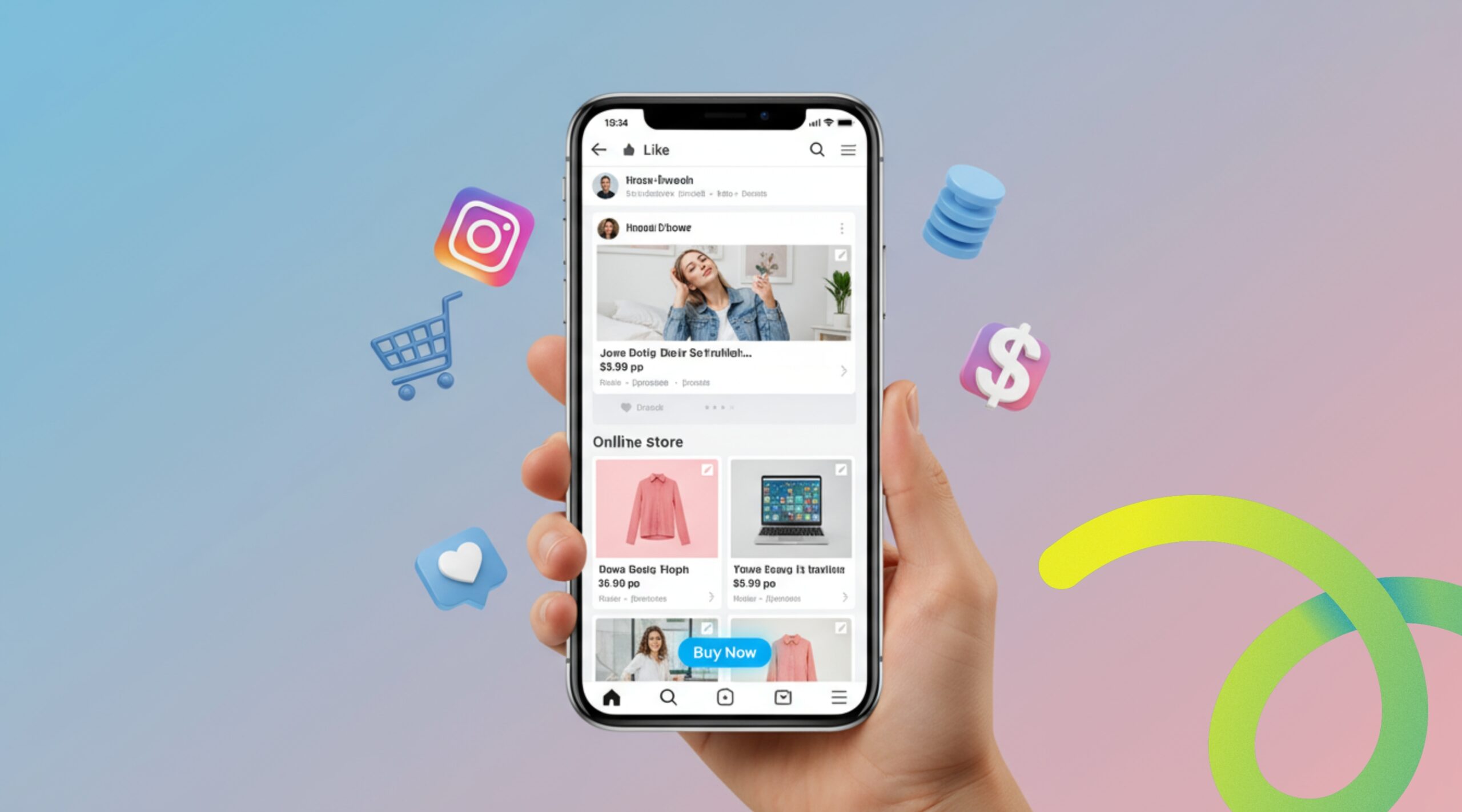 Social commerce illustration showing a mobile e-commerce store integrated with Instagram and shopping cart icons.